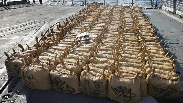 HMAS Darwin seized 315 bags of hashish, weighing more than six tonnes, off the coast of Africa, on June 28. Photo: Supplied