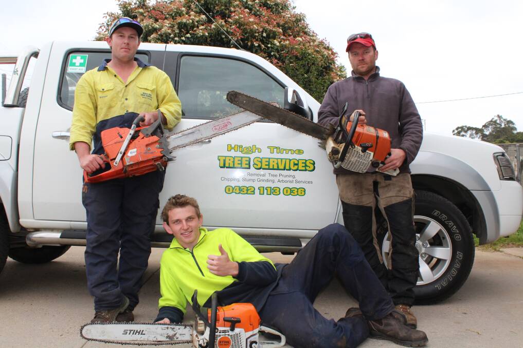 The High Time Tree Services team, comprised of (from left) owner Brendan Aucote and employees Dylan Gaudie and Marty Walsh, has been nominated for the 2014 Excellence in Eden Business Awards.