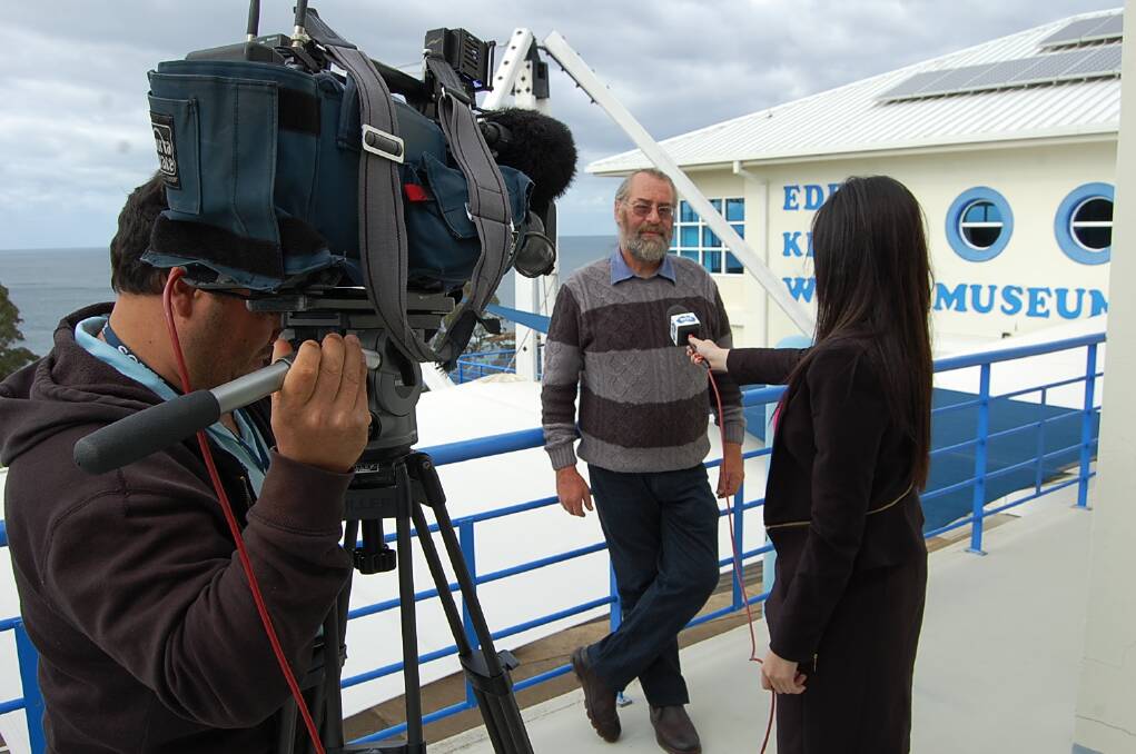 WIN News journalist Jennifer Bechwati interviews Eden Killer Whale Museum volunteer guide Barry Smith for one of the network’s upcoming news stories.