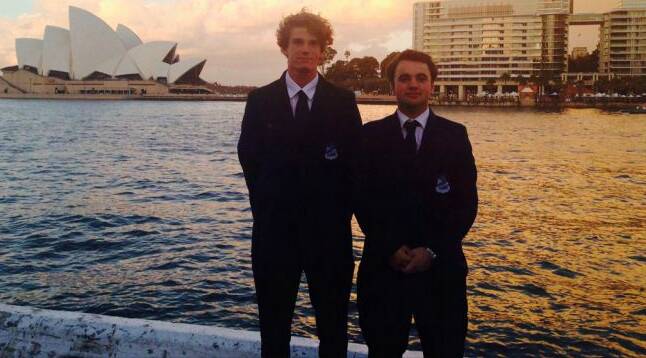 Eden Marine High School captains Jack Webster (left) and Paddy O’Rourke at Sydney’s Darling Harbour during their recent trip.