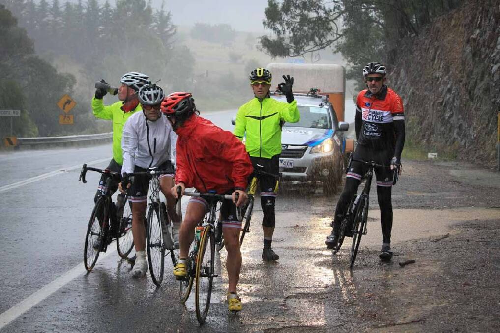 The team braved rough conditions and winding roads en route from Jindabyne to Eden on Wednesday. (Image courtesy of Stefano Ferro, Cycling Secrets)