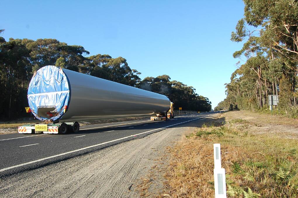 The first Boco Rock Wind Farm components are transported down the Princes Highway on their journey through Bombala and to the wind farm site at Nimmitabel.