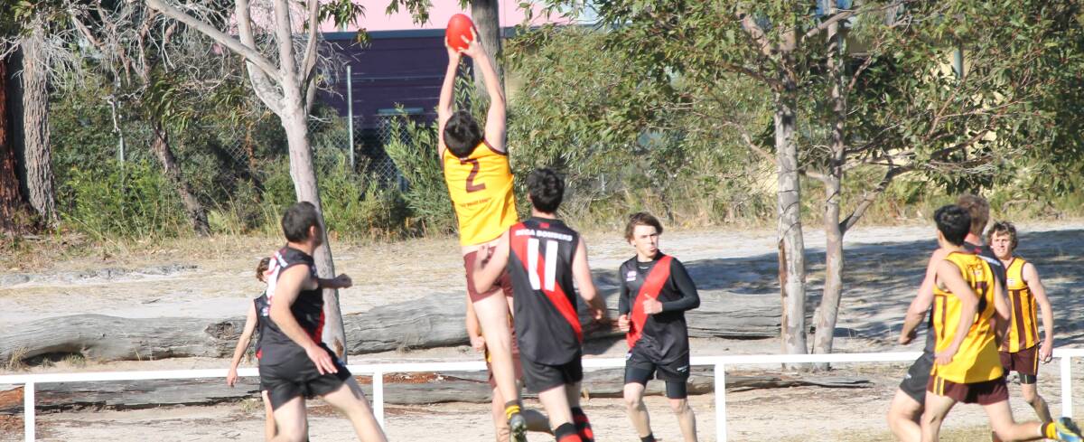 Pambula Panthers forward Tom Hammond takes a strong mark at full stretch during his side’s clash with the Bega Bombers on Saturday, which was abandoned due to an injury just before halftime, with the Panthers leading 53-15.