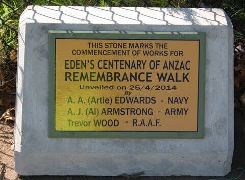 The commemorative plaque unveiled at Eden's RSL Hall on ANZAC Day to mark the commencement of work on the Centenary of ANZAC Remembrance Walk, to be built in Memorial Park. Image courtesy of Jack Dickenson.