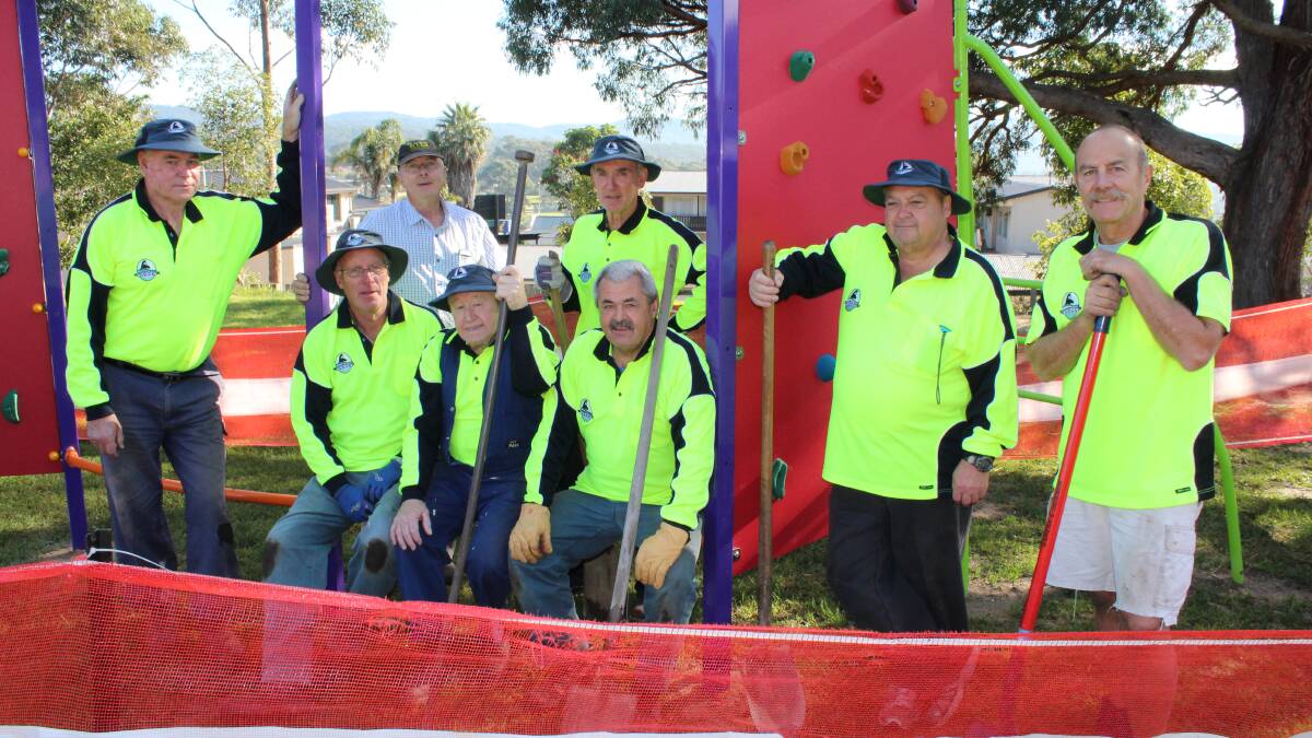 Essci volunteers (standing, from left) Geoff Swane, Mike McCrae, Ken Traise, John Mutch, Harry Weatherman, (sitting, from left) Mick Wood, John Bowles and Jim Chenhall donated their time to install fitness equipment surrounds at Eden Public School