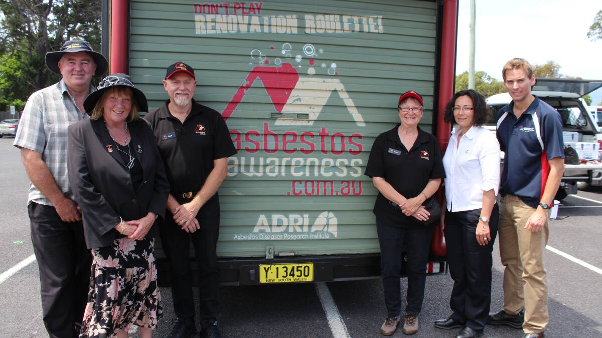 Helping Eden residents become asbestos aware on Friday are (from left) Bega Valley Shire Council environmental health coordinator Greg O’Donnell, Bega Valley Shire deputy mayor Liz Seckold, ‘Betty’ volunteers Geoff and Karen Wicks, WorkCover NSW district coordinator Donna Salway and Council environmental health officer Glen Harper.