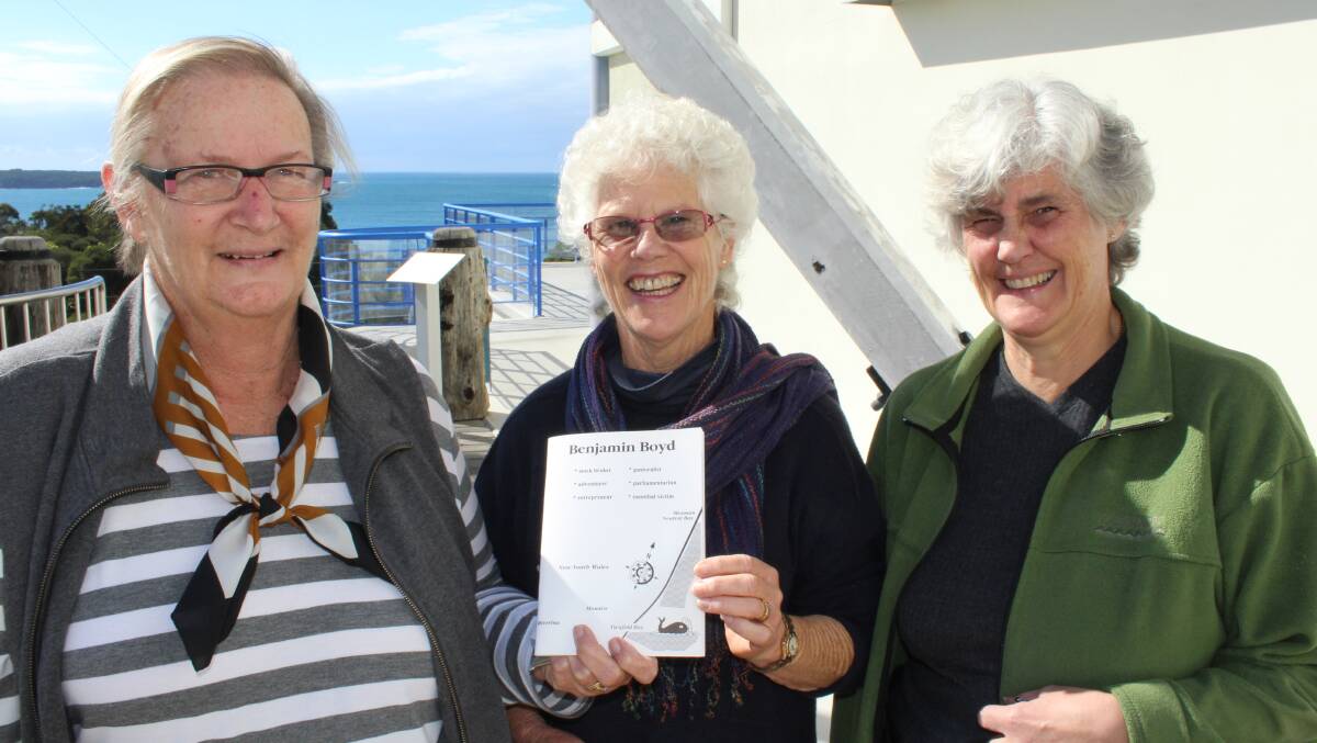Eden Killer Whale Museum secretary Jenny Drenkhahn, and Friends of the Eden Killer Whale Museum Tricia Lamacraft and Jane Adam, with the recently reprinted book, Benjamin Boyd.