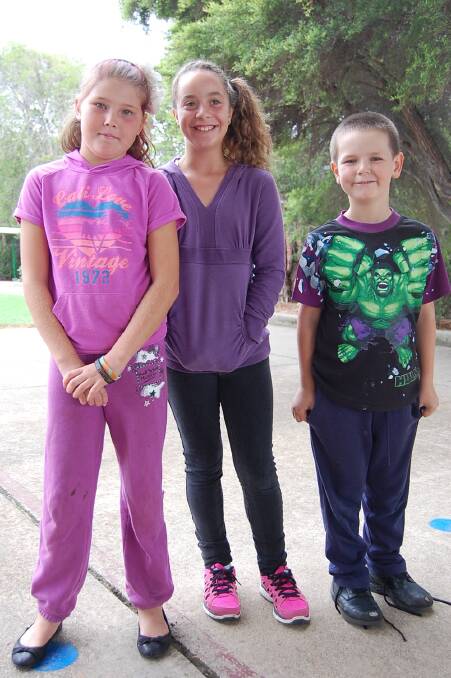 Even the hulk made an appearance at Eden Public School’s Purple Day celebrations, thanks to Nathan McMahon (right), pictured with Eliza O’Dell (left) and Chloe Kingsley.
