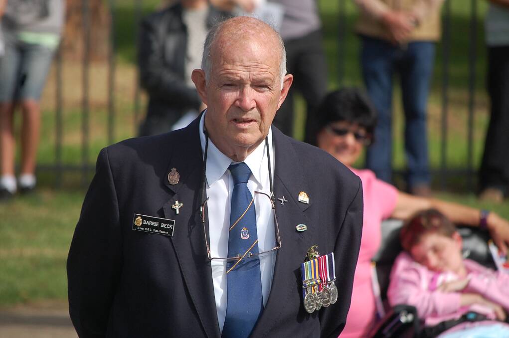 Eden RSL sub-branch president Barrie Beck at the 11am service at the Eden cenotaph.