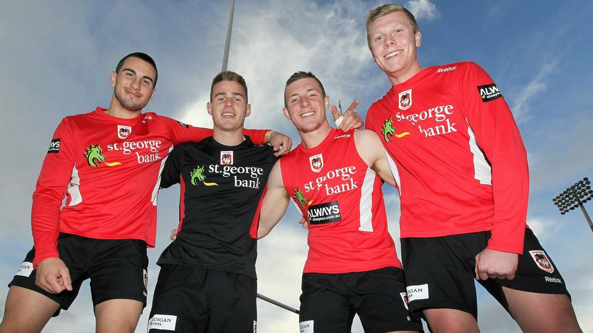 • Euan Aitken (black shirt) is looking likely to make a start with the Dragons in the NRL this season. Aitken is pictured with his then under 18 team-mates Jack Bird, Jackson Hastings and Drew Hutchinson. Photo: Sylvia Liber, Illawarra Mercury. 