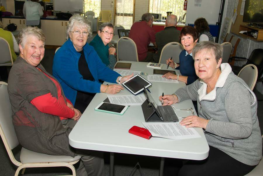 Beth Mills, Wendy Salisbury, Dianne Petty, Jeanette Johnston and Joan Thom hone their computer skills.  
