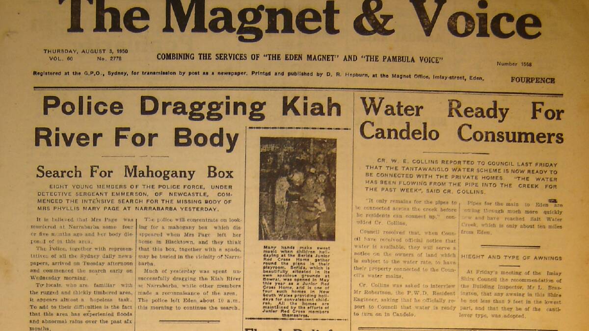 August 1950 article in the Magnet and Voice newspaper, reporting on the Kiah River being searched for the body of Mrs Page. 