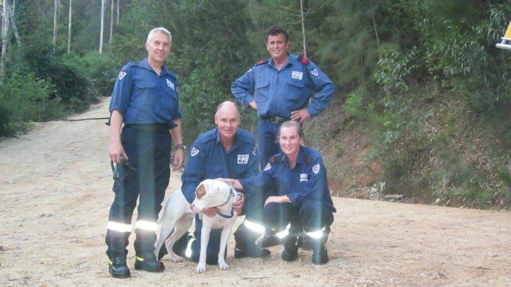 Rescuers Danius Maragis, Gary Dickman, Vanessa Haigh and Mike Duncan from the Merimbula Fire Brigade rescue team with Millie. 
