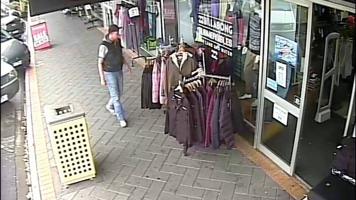 A man captured on CCTV in Wilson Street, Horsham, who police want to speak to about a crime spree in Horsham and Rokewood.