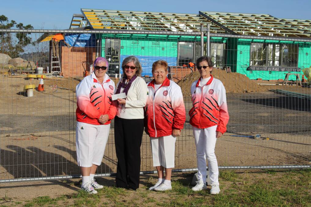 Nice surprise: Eden Bowlers Heidi Wilesmith, Kathy Rogers and Irela Nixon with Lynne Koerbin. Picture: Andrew Wall. 