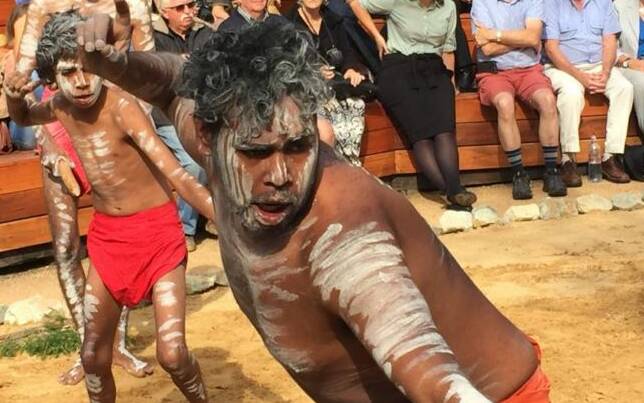 Spirit of the ancestors: Gulaga Dancers from Wallaga Lake led by Warren Foster junior perform in the performance ring of the Story Trail during the official opening, April 4. Picture: Toni Houston