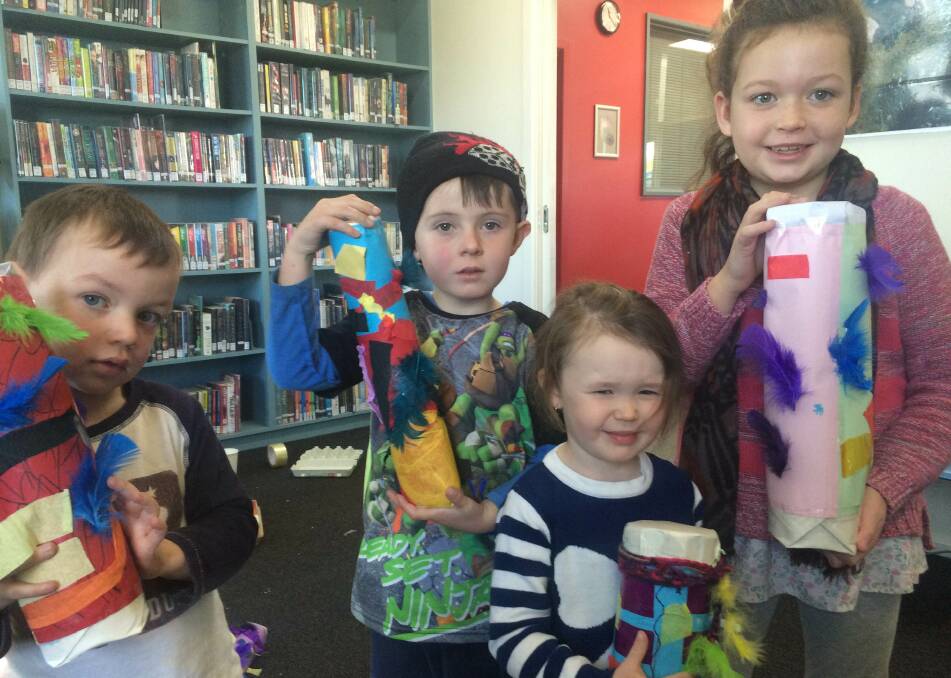 Crazy shakers: Rhys Armstrong, Ash Palmer, Stella Collins and Tayah White having a ball making rainmakers at Eden Library last week. 
