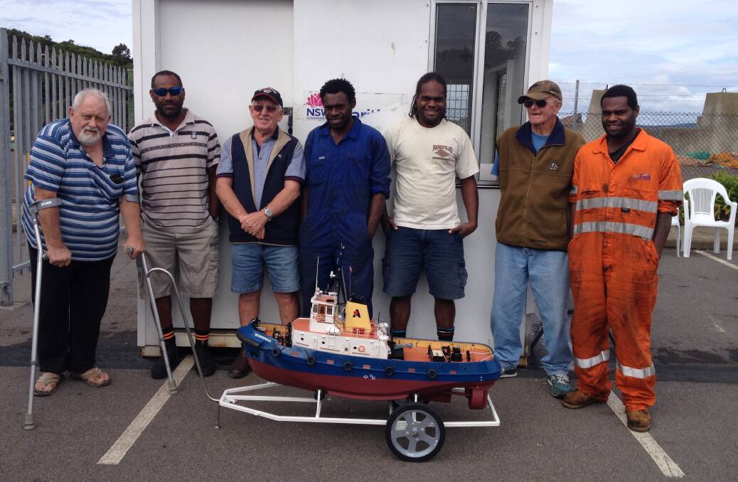 The retired crew of Warringa farewell to the tug boat but thanks to Tom West's model there will always be a Warringa in Eden.