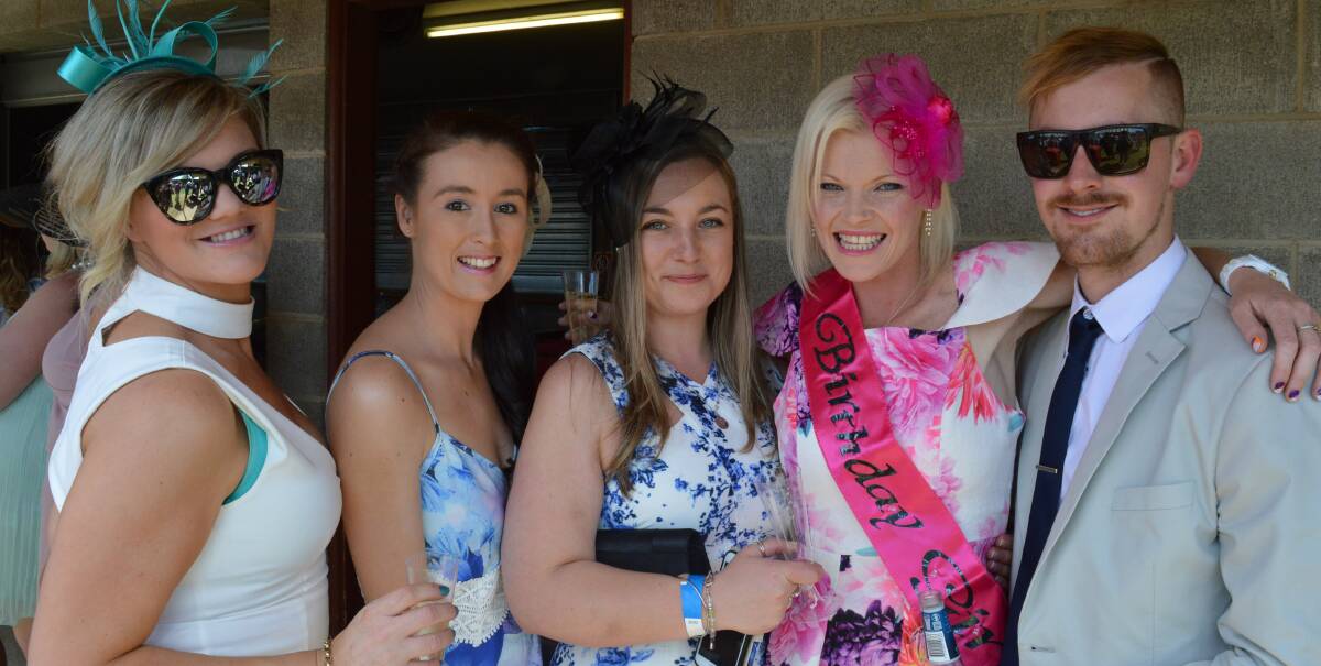 JEMMA'S DAY: Melinda Coulsen and Emma Flanigan of Eden with Amy Cuff of Canberra, birthday girl Jemma Hall of Eden and Jake Collins of Canberra at the Bombala races helping Jemma celebrate her 30th birthday.