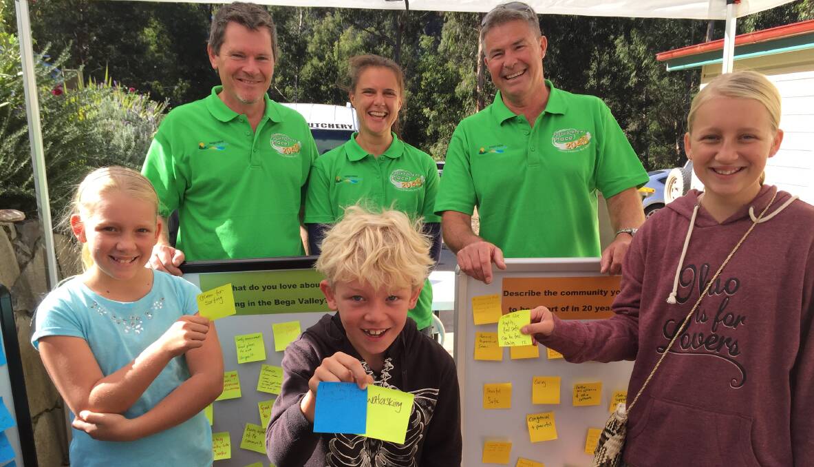 NOTE TO COUNCIL: Bega Valley Shire Council's Bruce Powell, Sophie Thomson and Kevin Watts hear from Jasmin, Daniel and Ashley Brunette, of Broadwater at the council listening post at the Nethercote Markets.