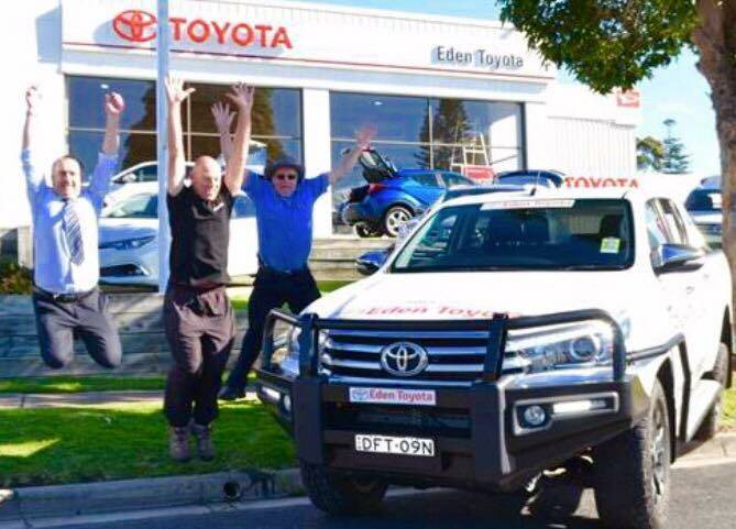 Oh what a feeling: Dane Waites was jumping for joy when he saw the vehicle that Eden Toyota donated for his Perth to Pambula journey. 