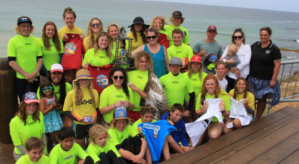 Surf groms: The Eden Marine High School marine studies students with their prizes donated by Simon Emms and the Boardriders Club.