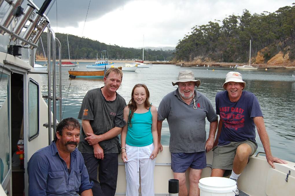 The crew aboard ‘Viking’, (from left) David Colpo, Damian Foat, Shayla Foat, Reg Sandling and Jeff Peel, are thrilled to be on the water again.