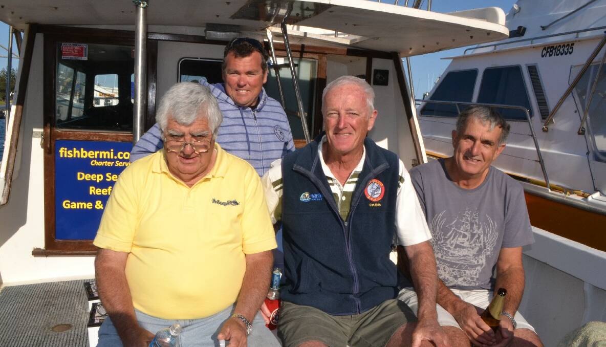 BIG GAME: The Bermagui Big Game Angling Club held a barbecue on the FishBermi charter boat on Friday. Pictured with president Paul Blacka (seated centre) are John Singleton, Josh Mccue and Charlie Miles. 