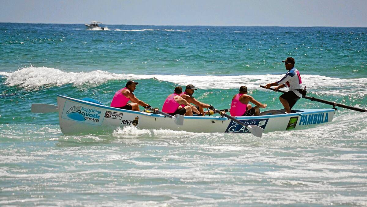 • The Pambula Surf Lifesaving Club’s men’s surf boat crew in the George Bass Marathon bring it home on the 22 kilometre, day 3, Tuross to Narooma stage. Pambula men's crew sweeps are Andrew Holt and Don Hay, crewed by Grant Holman, Lee Henessey, Colin Parkes, Glenn Vardanega, Troy Torpey and Simon Byrne. 