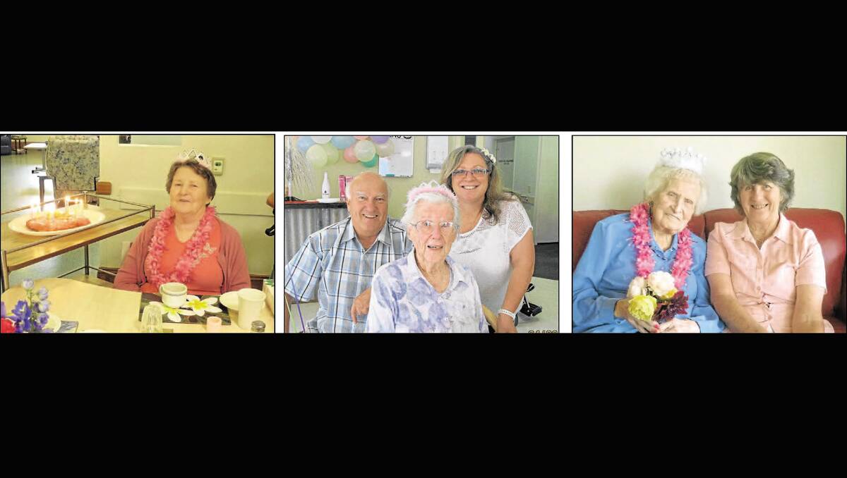LEFT • Resident of Imlay House, Pambula, Bernie Alcock, celebrated her 80th birthday on February 1. Middle • Una Halliday (left) reached the wonderful age of 103 on February 24 and celebrated with her niece, Shirley Sproates. Right: • Lewis Taylor Cannon (left) helped Barbara Taylor-Cannon celebrate her 95th birthday, along with Lore Taylor-Cannon.