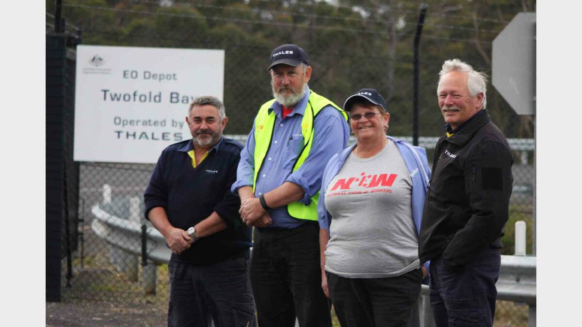 National Union of Workers members Kevin Stone, Wayne Walsh, delegate Heidi Welsh and Ken Campbell walked off the job at Thales Explosive Ordinance depot on Twofold Bay on Friday morning.