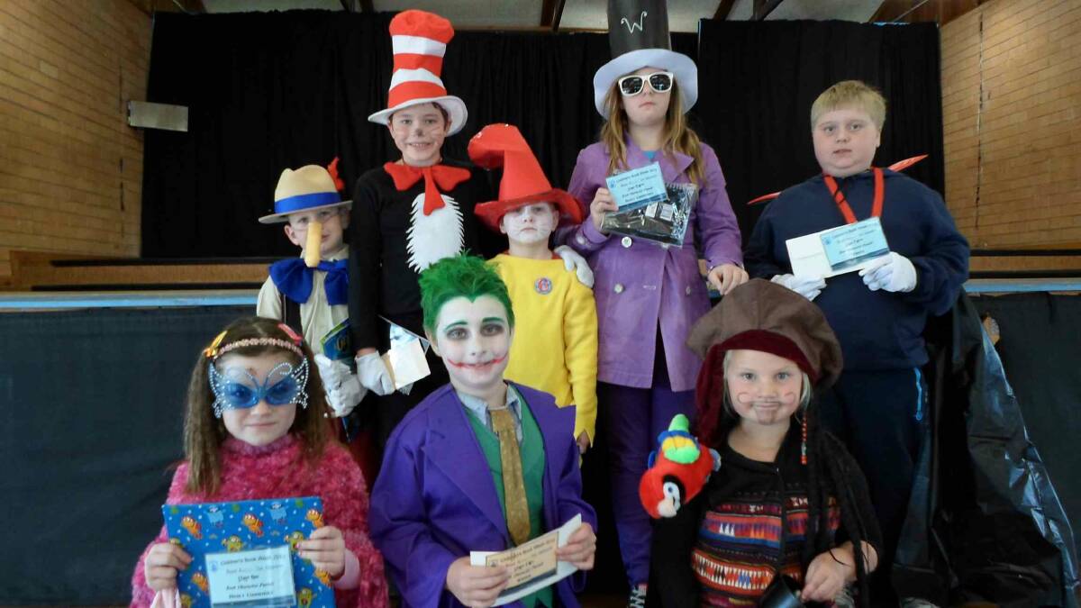 Book character parade winners: (Back) Brayden Byrne as Pinocchio, Oliver Bain aka the Cat in the Hat, Jesse Barton as Dr Seuss’ Green eggs and ham, Madi Young as Willy Wonka, William O'Connell as Dracula. (Front) Darcy Swane as Fancy Nancy, Michael Pearc as The Joker, Hunter Upton as Captain Jack Sparrow.