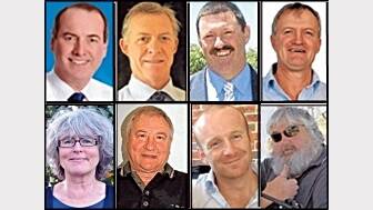 Eden-Monaro candidates in the order they appear on the ballot paper: (Top row) Peter Hendy - Liberal, Martin Tye - Stable Population Party, Mike Kelly - ALP, Dean Lynch - Palmer United party (bottom row) Catherine Moore - Greens, Costas Goumas - Citizens Electoral Council, Andrew Thaler - Independent, Warren Catton - Christian Democrat.