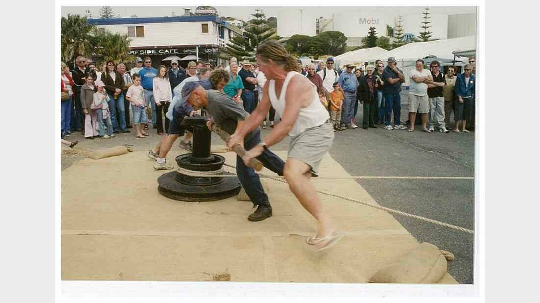 Do you have what it takes? Mick Perkins, the late Peter Davidson and Jack Devlin bend their backs to the Capstan Pull at a past whale festival.