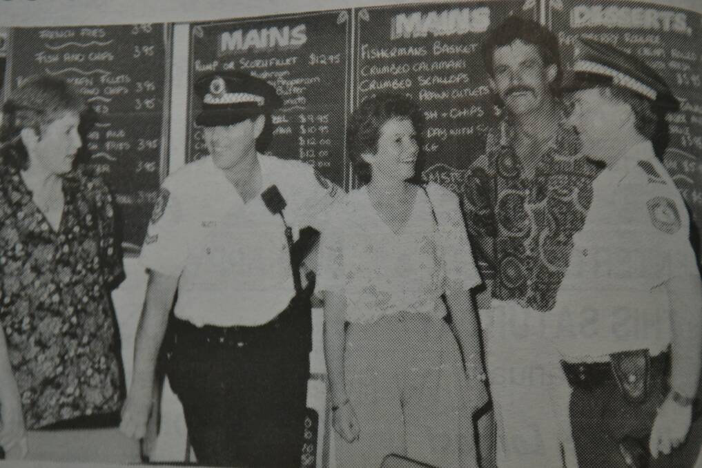 Constable Dave Sorensen of Eden and Constable Mark Knight from Bemboka pictured at the Great Southern Inn with Heather McSparron, Meree Goward and Riley Clare.