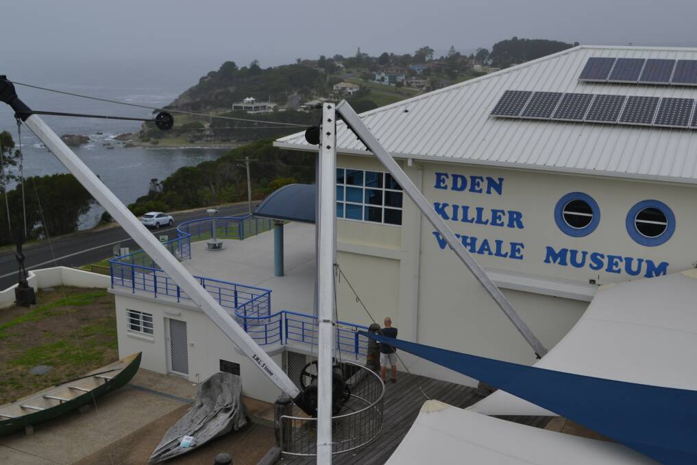 The view from the lighthouse balcony at the Eden Killer Whale Museum is a bit drear this morning. Why do you need a balcony on a lighthouse? To clean the windows of course!