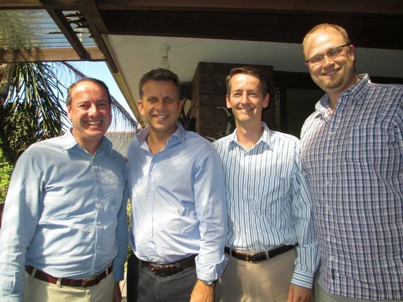 Liberal Party "heavyweights" Dr Peter Hendy MP, the Federal Member for Eden-Monaro, the Hon Matthew Mason-Cox MLC, Parliamentary Secretary for NSW Treasury and Finance and Andy Heath from State Executive pictured providing support for the freshly endorsed Liberal Candidate for State seat of Bega, the Hon Andrew Constance MP, the Minister for Finance and Services.