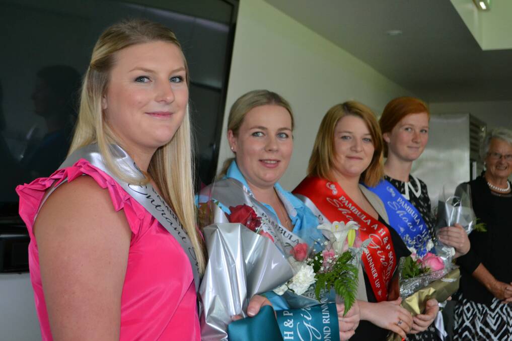 From left: Equal third placegetters Ayla Smith and Jess Crocker, runner up Hayley James and winner Emma Hassan are watched on by judge Helen Slater at Saturday’s sashing of the Pambula Showgirl for 2014. 