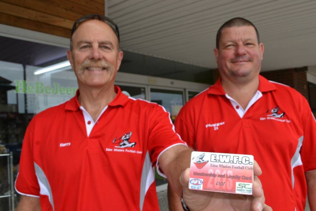 Eden Whalers Harry Weatherman and Paul Kirkby with the AFL clubs loyalty discount card, which will be launched at HeBeJeen's retail store at tonight's Christmas On Imlay.