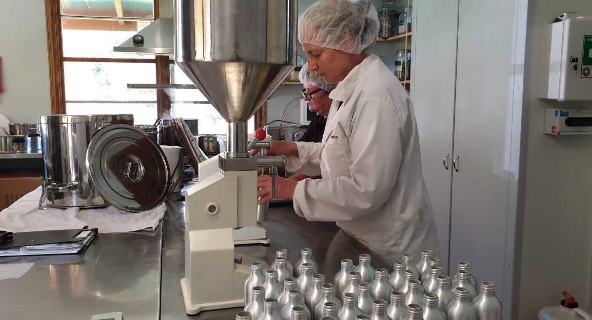 Kay Saarinen in her purpose-built lab at Wyndham, creating and bottling her all natural skin care products. 
