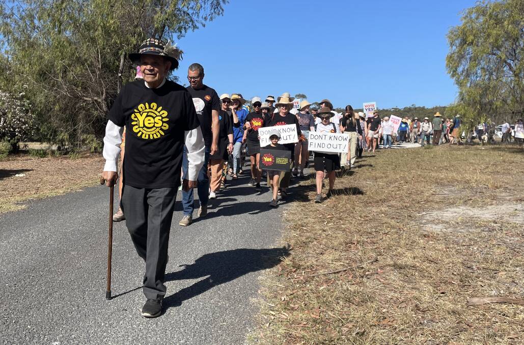 Uncle Ossie Cruse leads the Walk for Yes event hosted at Jigamy on Far South Coast, September 17, 2023. Picture by Amandine Ahrens
