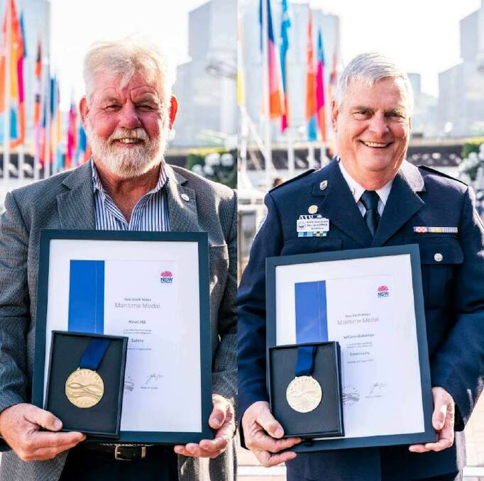 Merimbula Unit commander William (Bill) Blakeman and Jervis Bay Unit commander Kevin Hill awarded the NSW Maritime Medal. Picture supplied.