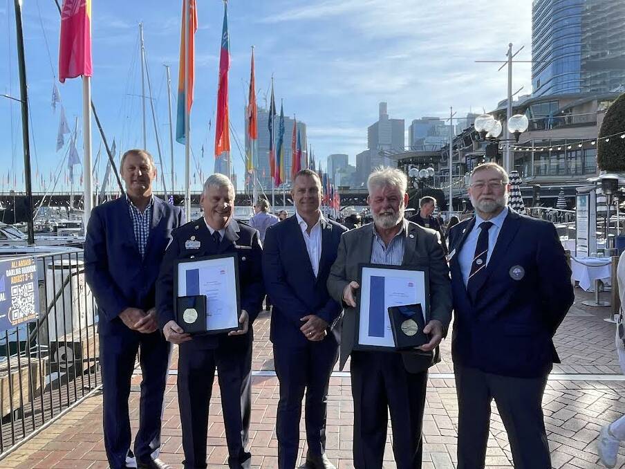 Marine Rescue NSW Maritime Medal group: caption: (L-R) Darren Schott, Bill Blakeman, Alex Barrell, Kevin Hill and Bob Wilson. Picture supplied.