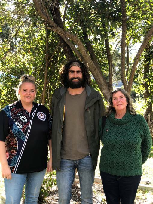 Twofold Aboriginal Corporation Alison Simpson, language worker Nathan Lygon and Eden Language Group program coordinator Sue Norman celebrate the news of the grant to preserve the language group, July 2019. 