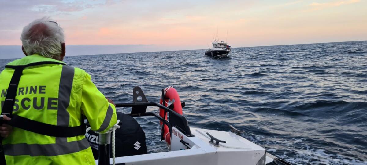 Four marine rescue volunteers from the Eden unit assisted a stranded fishermen after his 6.6 metre vessel broke down due to a mechanical failure, 22km off Green Cape on the Far South Coast. Picture supplied. 