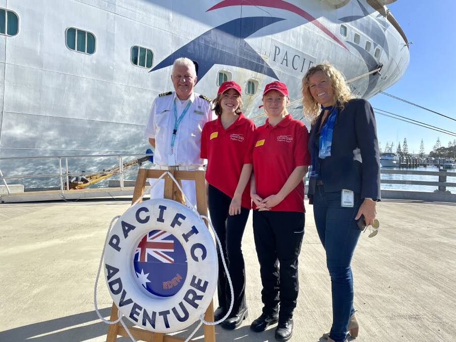P&O staff aboard the Pacific Adventure give an exclusive tour of the ship to Eden Marine Year 11 Students Ocea Thiedeman, Keely Grebert and Natalie Godward Cruise Development Manager from Port Authority NSW. Picture by Amandine Ahrens