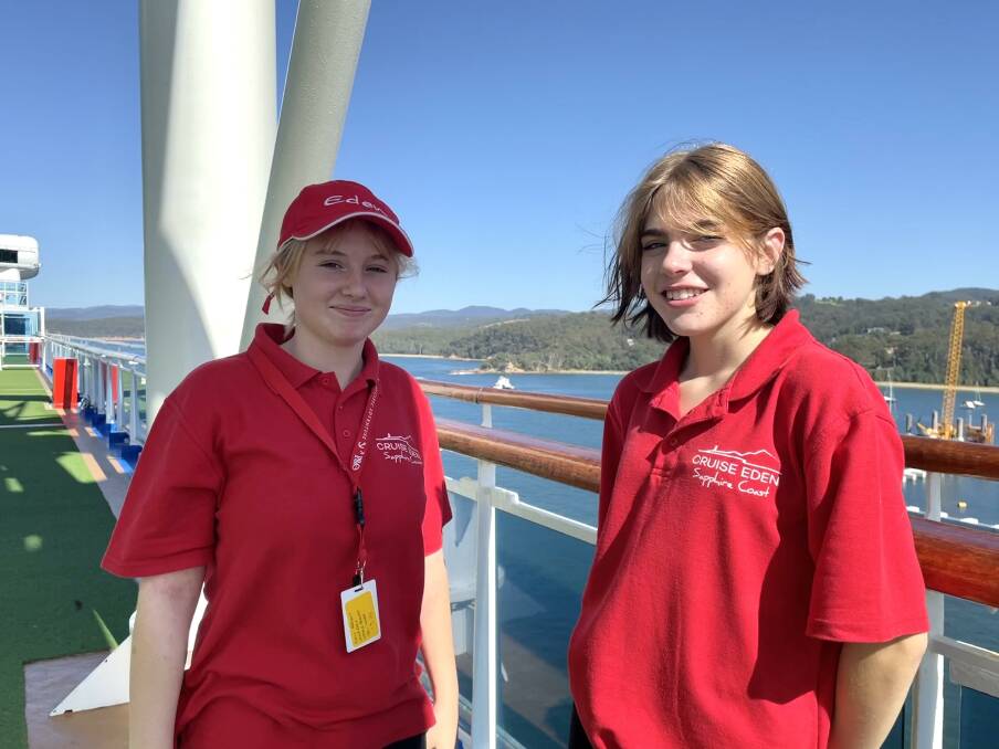 Eden Marine Year 11 students Keely Grebert and Ocea Thiedeman aboard the Pacific Adventure on March 7, 2023. Picture by Amandine Ahrens 