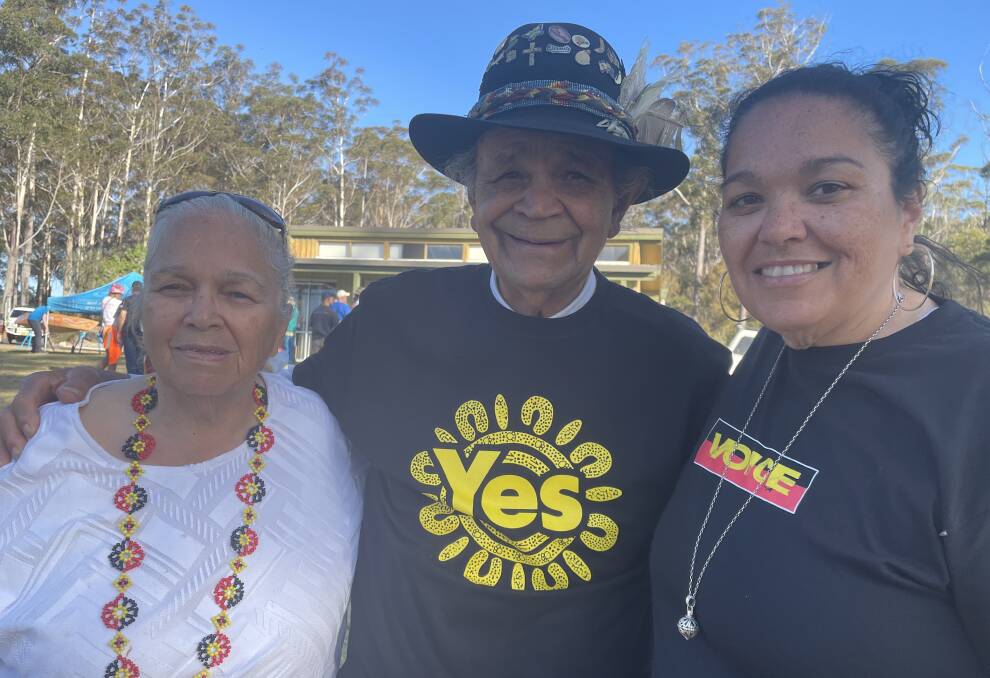 Aunty Annette Scott, Uncle Ossie Cruse and Michell Scott at the Walk for Yes event at Jigamy, Far South Coast on September 17, 2023. Picture by Amandine Ahrens
