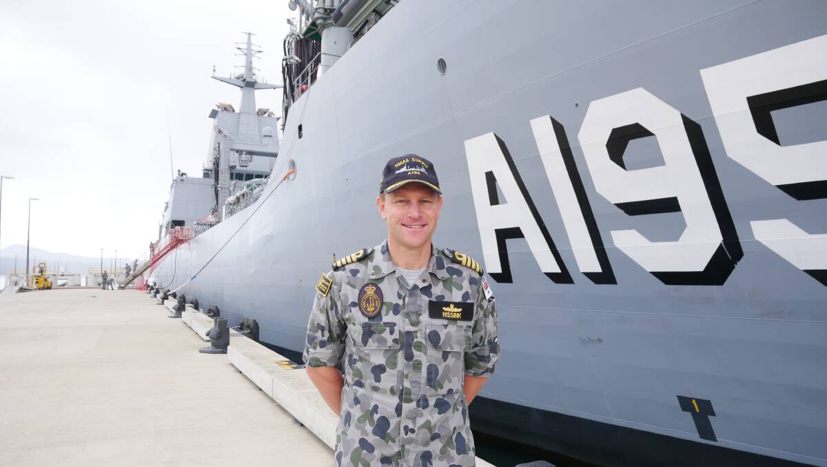 HOMEBOUND: Commanding Officer Supply II Captain Ben Hissink in front of the ship docked at the Eden cruise wharf on Wednesday, May 11. Eden is the ship's ceremonial home port. Photo: Ellouise Bailey 