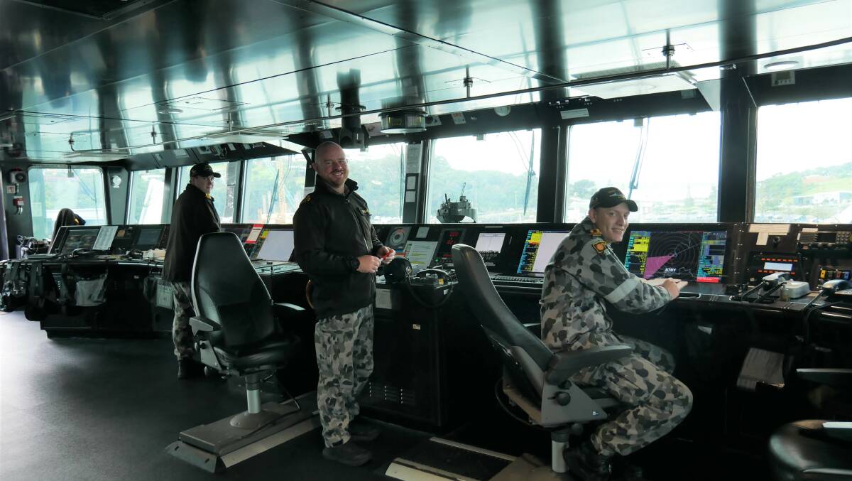 Josh Gordon, Breece Gevaux and Curtis Hartsuyker in the bridge, which is the main control centre of a vessel. Photo: Ellouise Bailey 